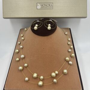 Vintage Honora Freshwater Pearl Necklace Earrings Set Champagne Color Floating